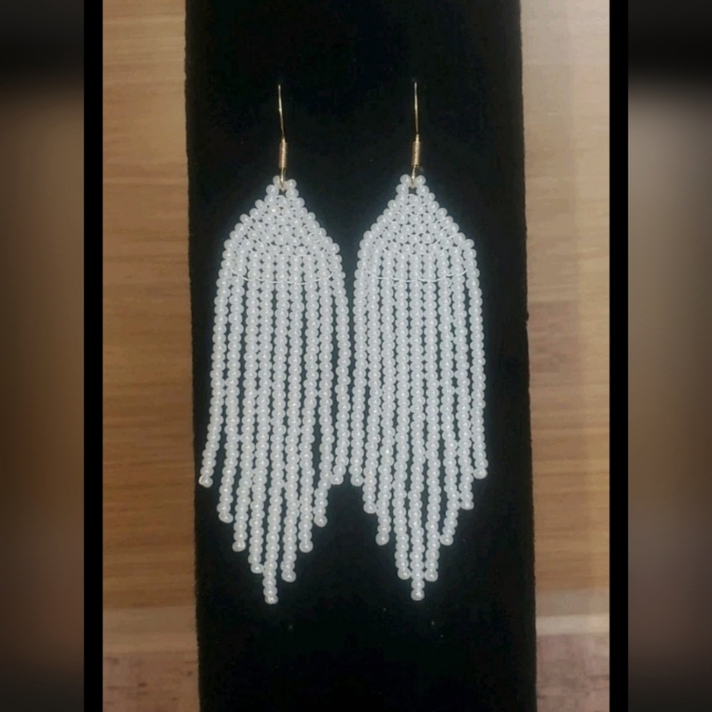 Handmade Czech Glass Bead Fringe Earrings In Ivory With 18kt Gold Plated Hooks